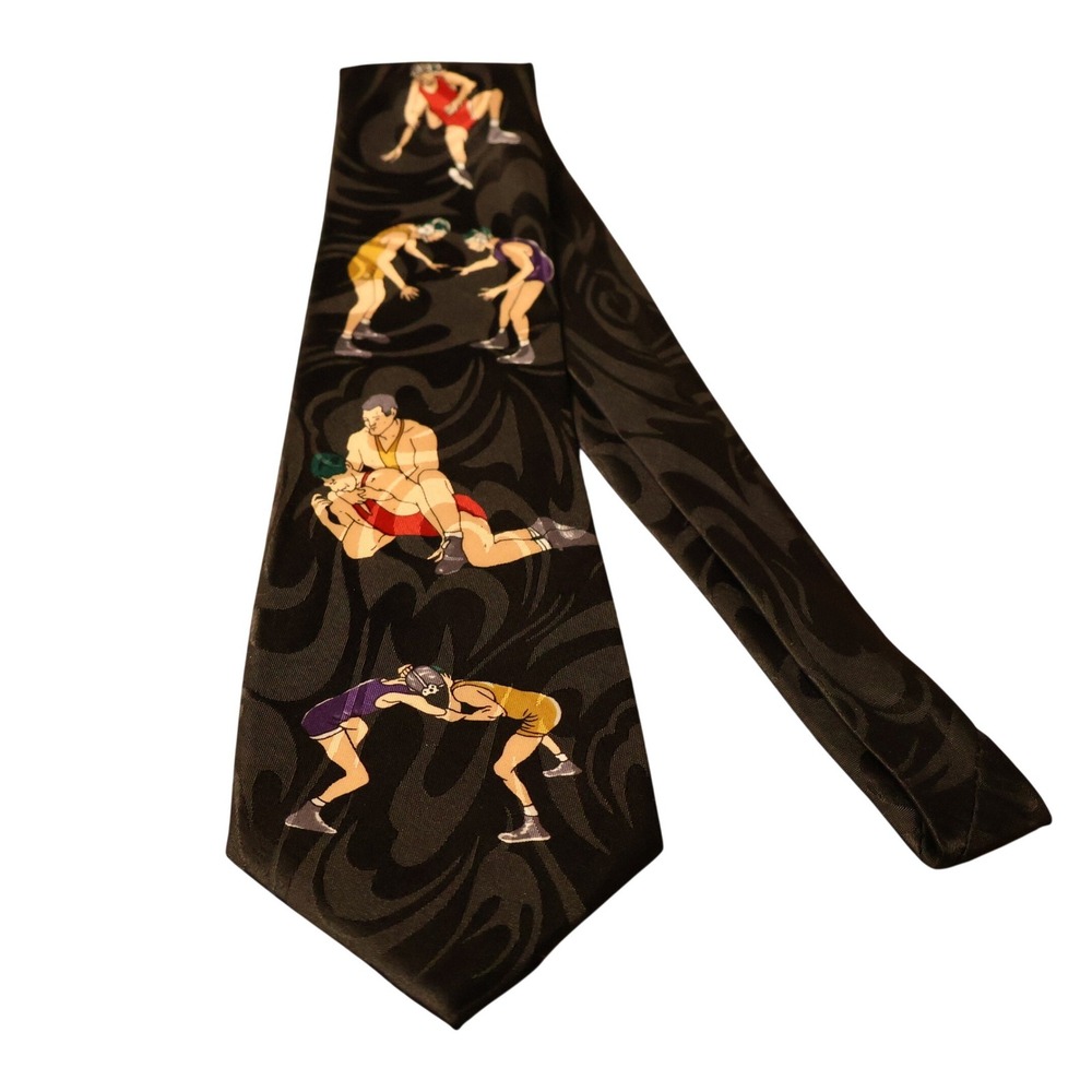 Vtg Wrestling Novelty Necktie Mens‎ Black Graphic Sports Coach Match Day College
